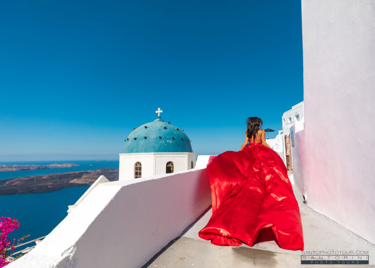 Santorini Flying Dress Photoshoot Red