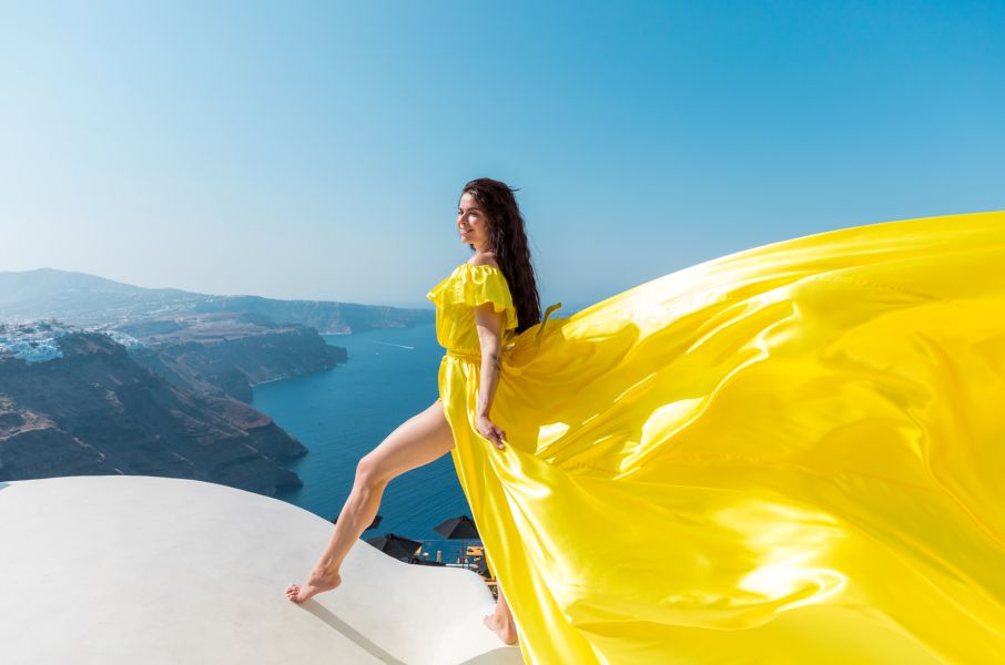 Santorini yellow flying dress photoshoot