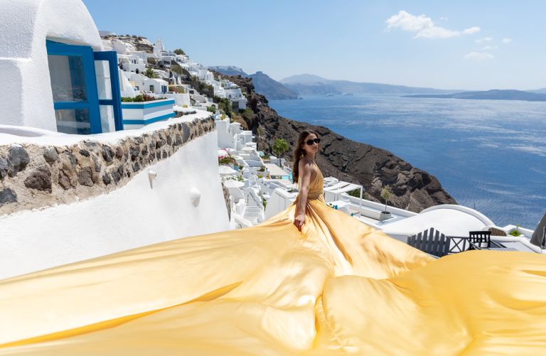 Santorini Flying Dress Photographer