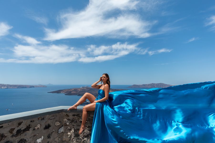 Flying Dress Photoshoot in Fira Santorini