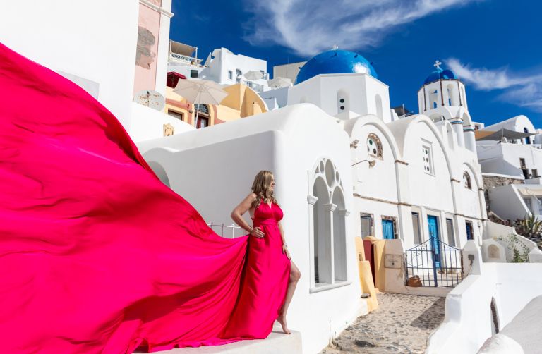 Santorini Flying Dress Photoshoot | Santorini Photographer
